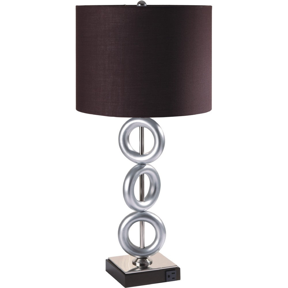 Table Lamp Set of 2 | Brown Fabric Shades | 3 Ring Design | Silver Metal