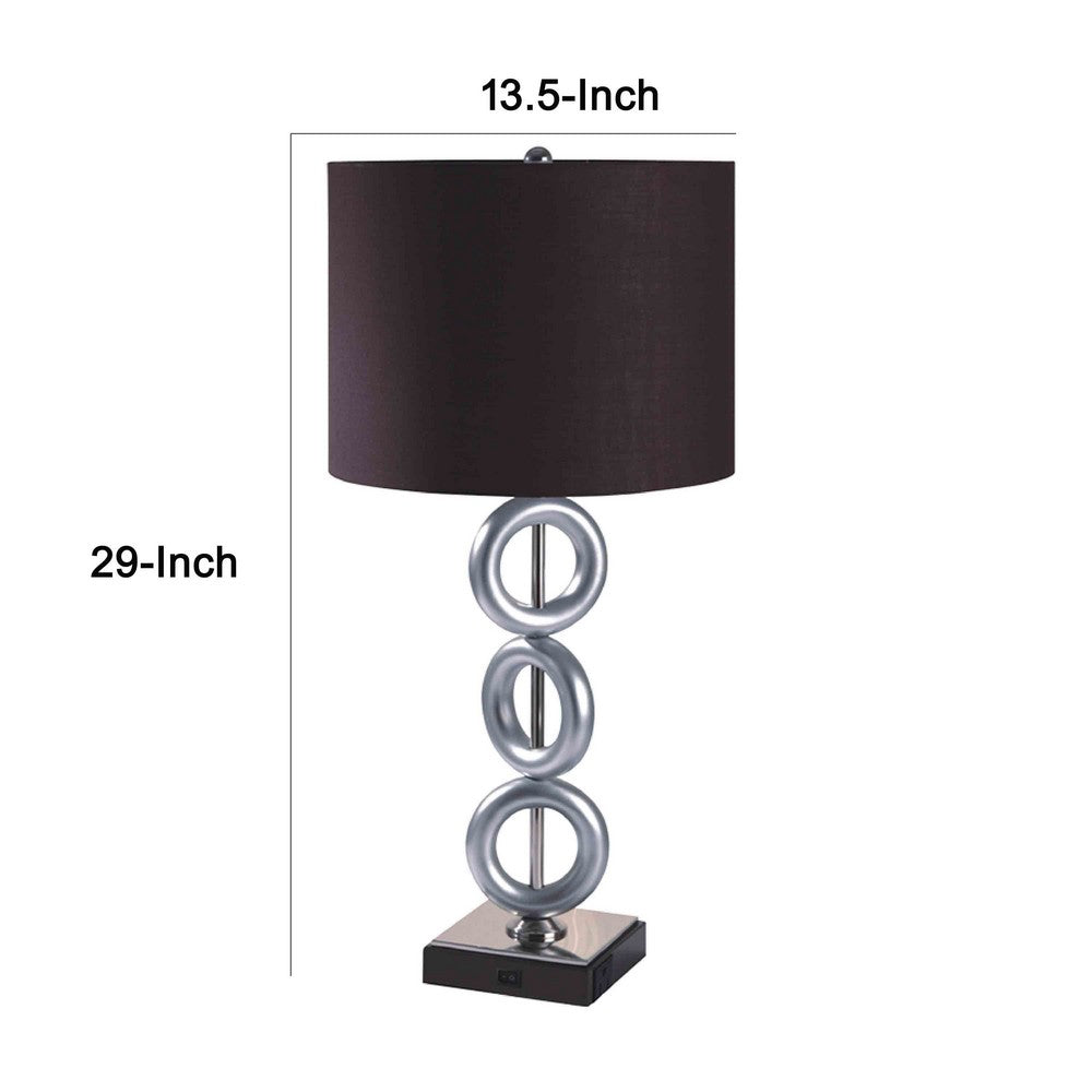 Table Lamp Set of 2 | Brown Fabric Shades | 3 Ring Design | Silver Metal
