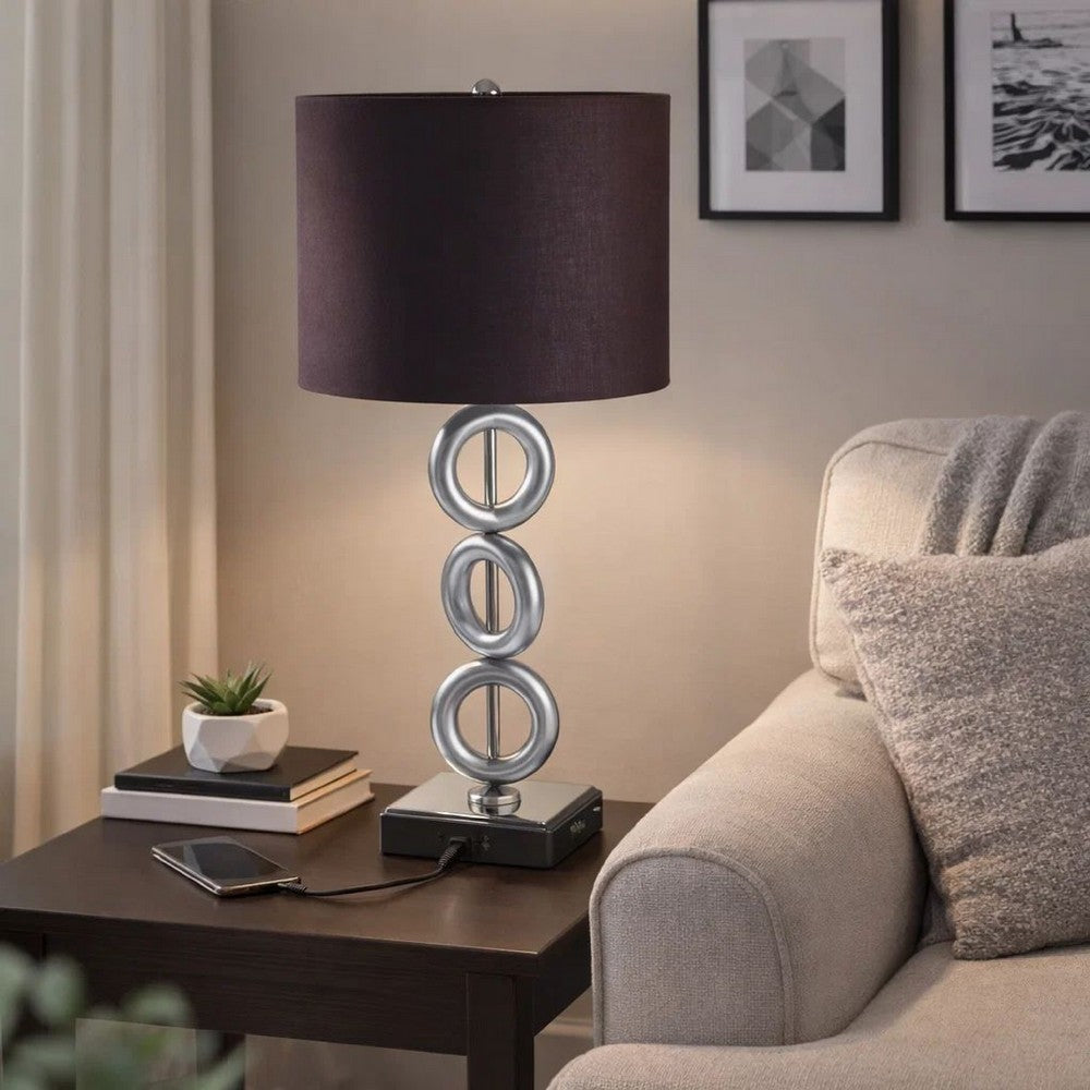 Table Lamp Set of 2 | Brown Fabric Shades | 3 Ring Design | Silver Metal