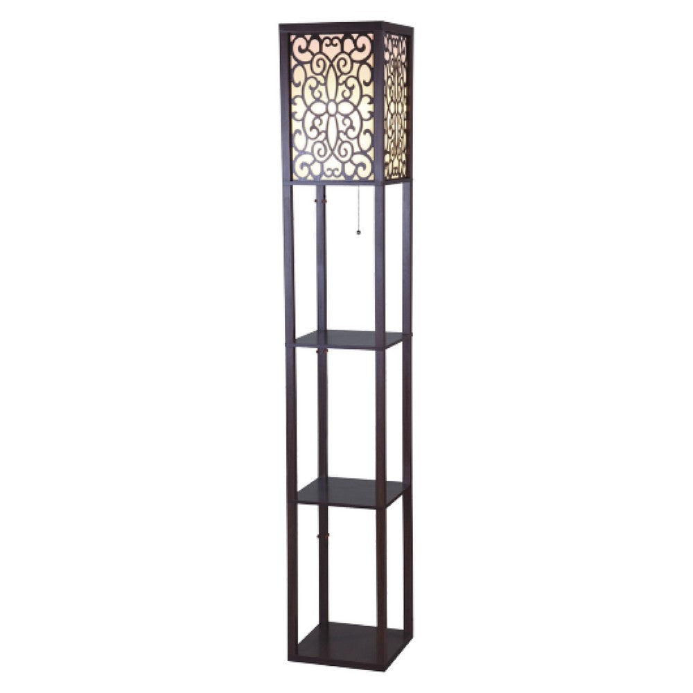 Corner Floor Lamp | 3 Shelves | Floral Carved | White Shade | Brown Wood