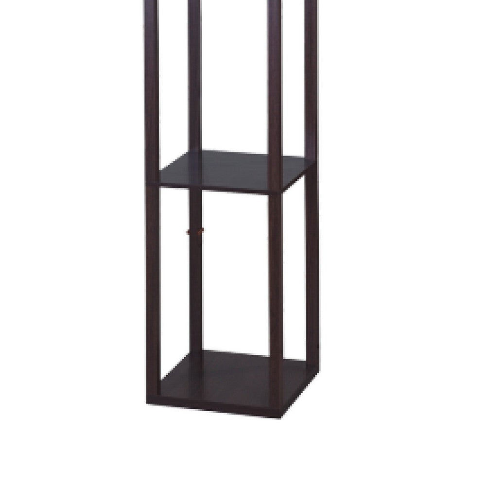 Corner Floor Lamp | 3 Shelves | Floral Carved | White Shade | Brown Wood