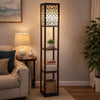 Corner Floor Lamp | 3 Shelves | Floral Carved | White Shade | Brown Wood