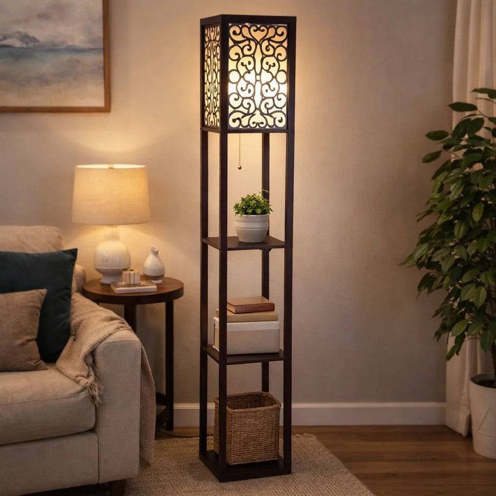 Corner Floor Lamp | 3 Shelves | Floral Carved | White Shade | Brown Wood