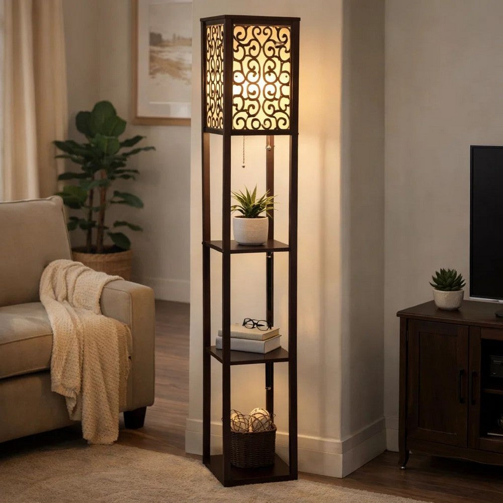 Corner Floor Lamp | 3 Shelves | Floral Carved | White Shade | Brown Wood