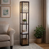 Corner Floor Lamp | 3 Shelves | Floral Carved | White Shade | Brown Wood