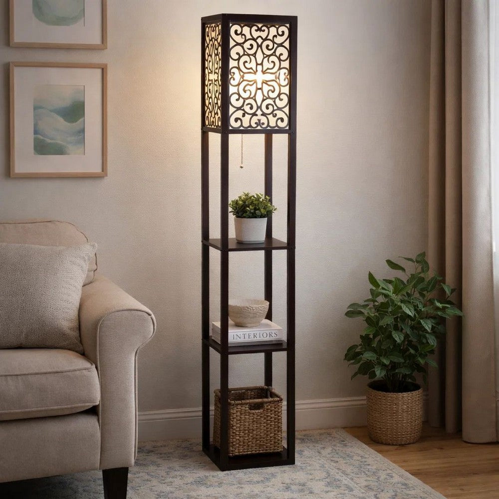Corner Floor Lamp | 3 Shelves | Floral Carved | White Shade | Brown Wood