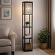 Corner Floor Lamp | 3 Shelves | Floral Carved | White Shade | Brown Wood
