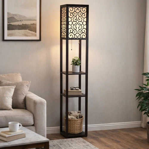 Corner Floor Lamp | 3 Shelves | Floral Carved | White Shade | Brown Wood