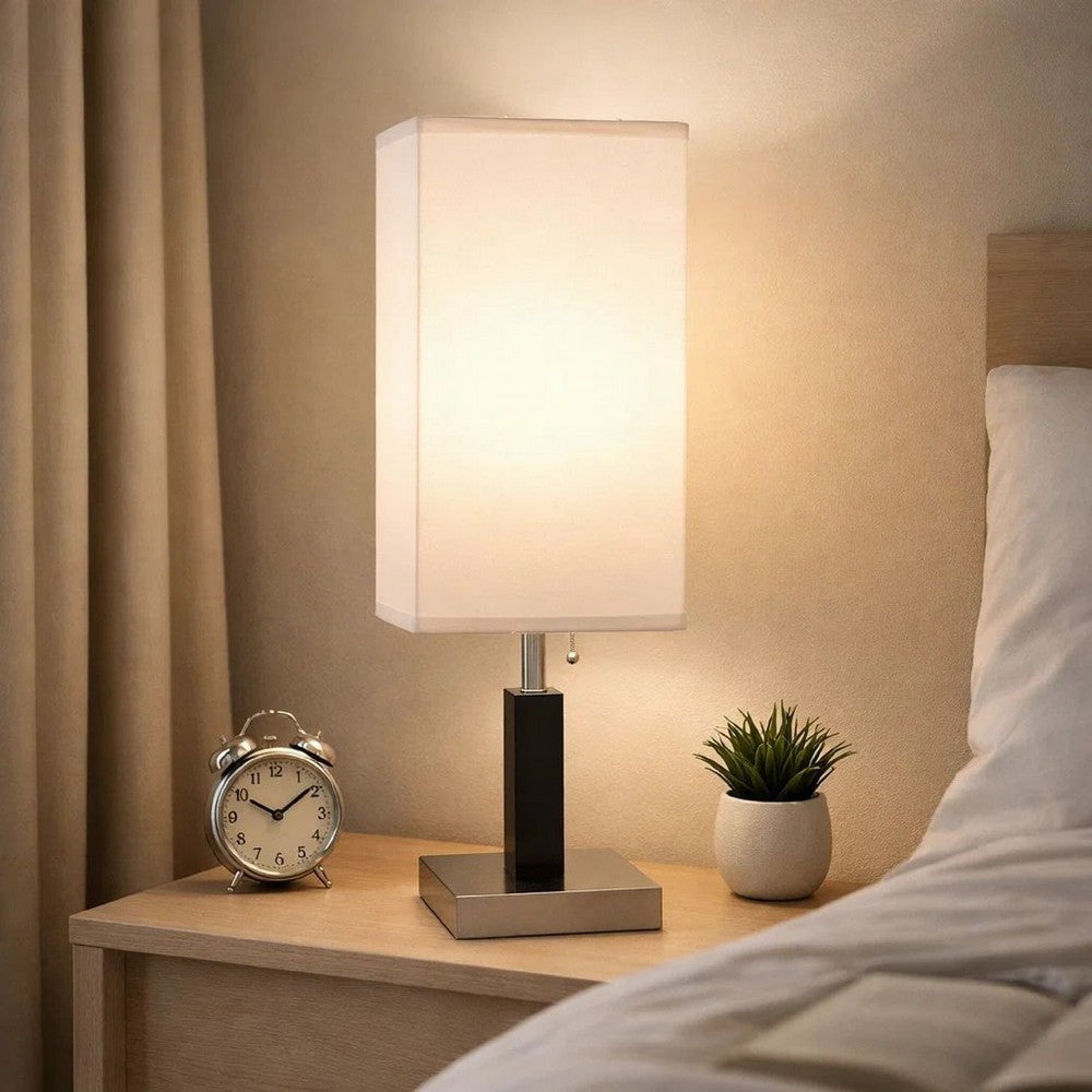 Table Lamp | White Fabric Shade | Square Brown Body | Chrome Metal Base