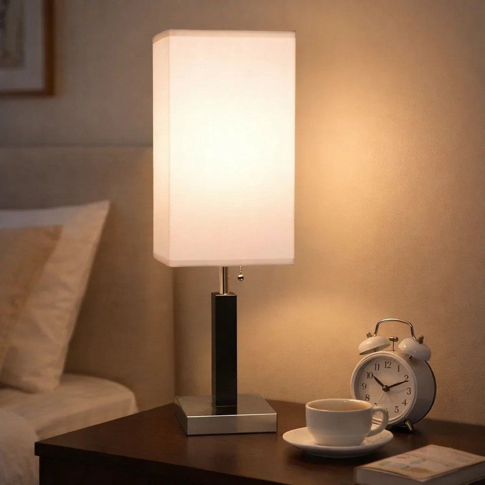 Table Lamp | White Fabric Shade | Square Brown Body | Chrome Metal Base