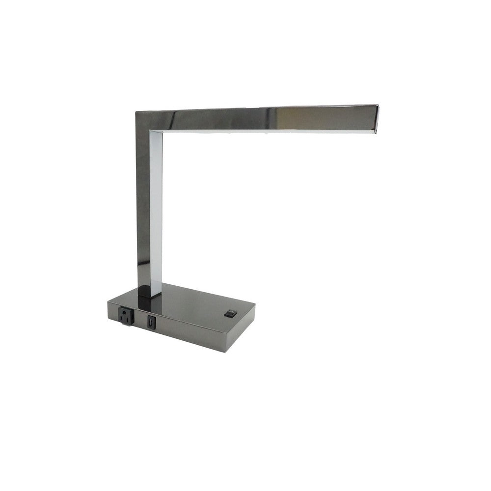L Shaped LED Desk Lamp | USB & Power Outlet | Rocker Switch | Chrome Metal