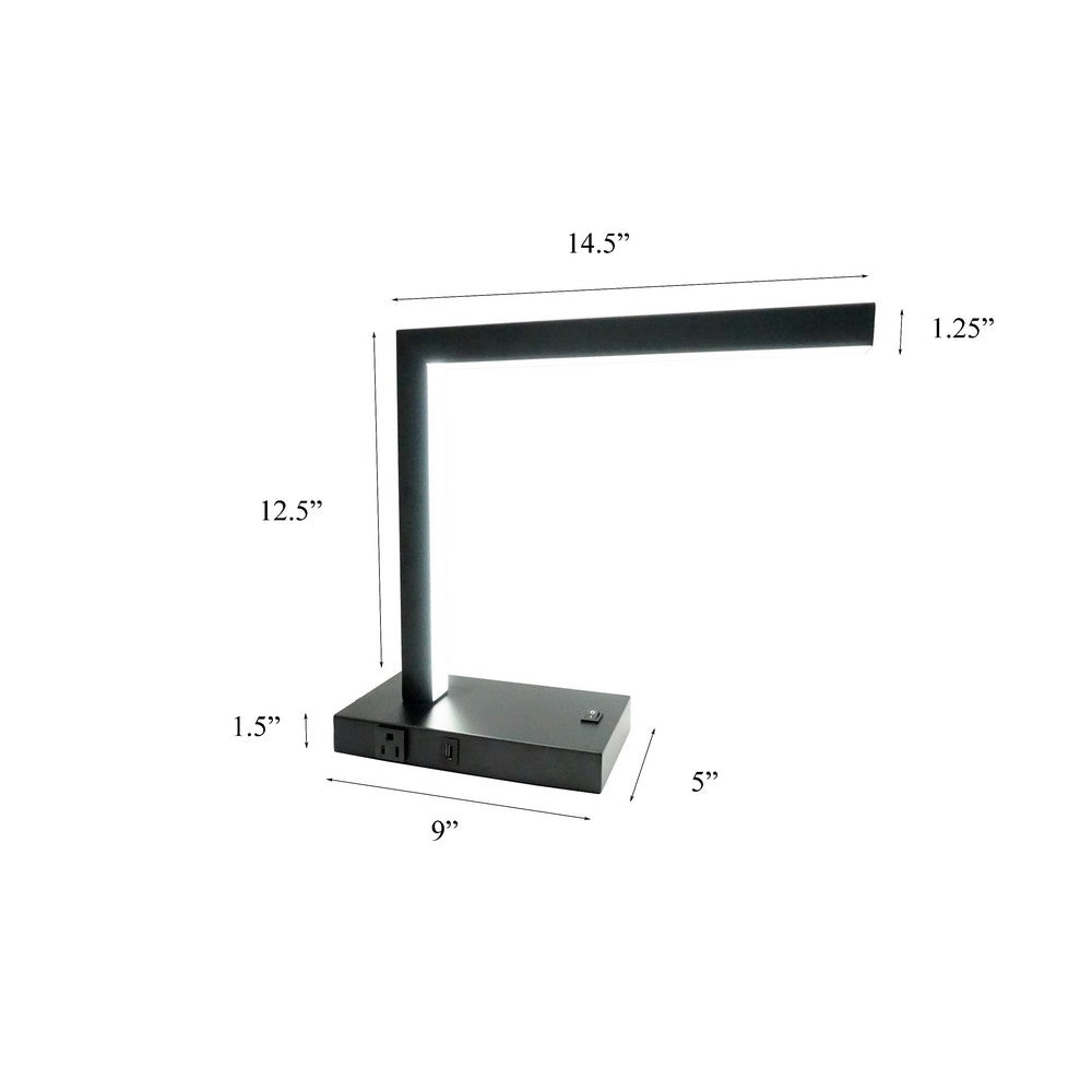 L Shaped LED Desk Lamp | USB & Power Outlet | Rocker Switch | Chrome Metal