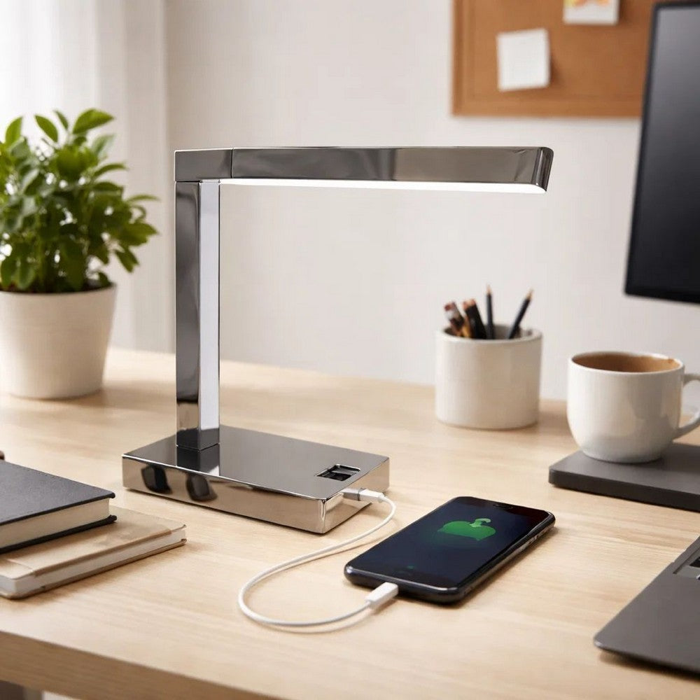 L Shaped LED Desk Lamp | USB & Power Outlet | Rocker Switch | Chrome Metal
