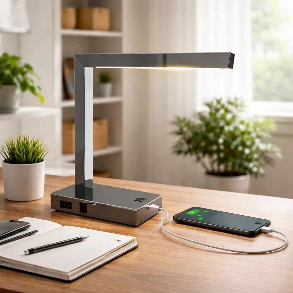 L Shaped LED Desk Lamp | USB & Power Outlet | Rocker Switch | Chrome Metal