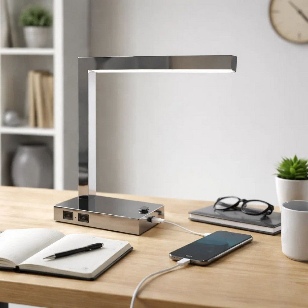 L Shaped LED Desk Lamp | USB & Power Outlet | Rocker Switch | Chrome Metal