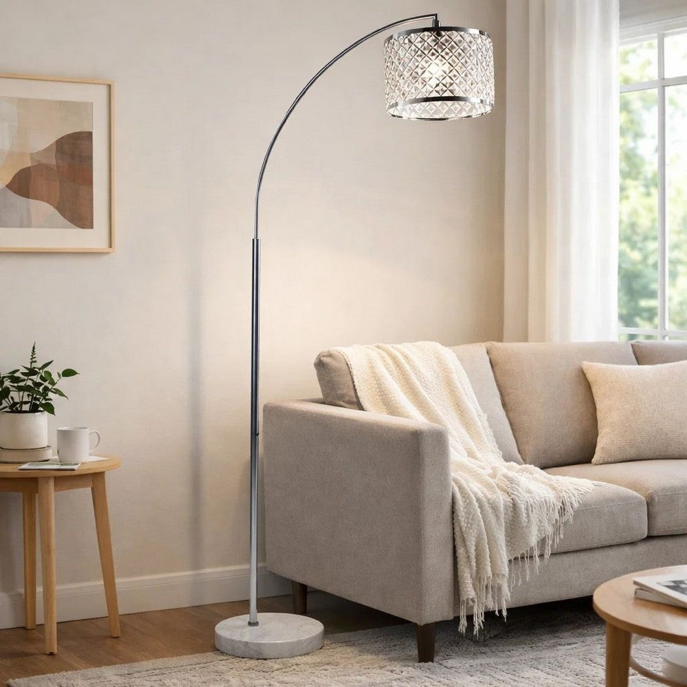 Arch Floor Lamp | Lattice Crystal Shade | Chrome Metal | Round Marble Base