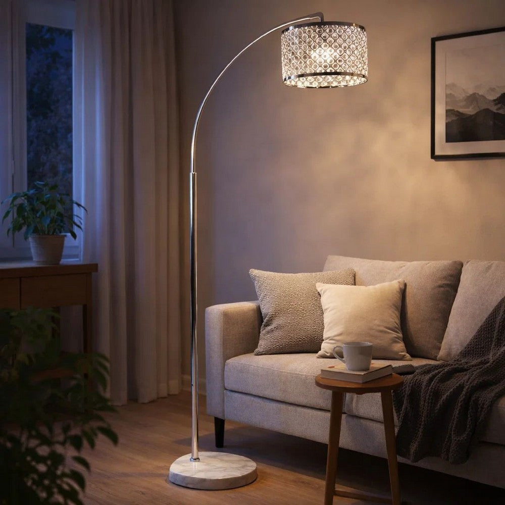Arch Floor Lamp | Lattice Crystal Shade | Chrome Metal | Round Marble Base