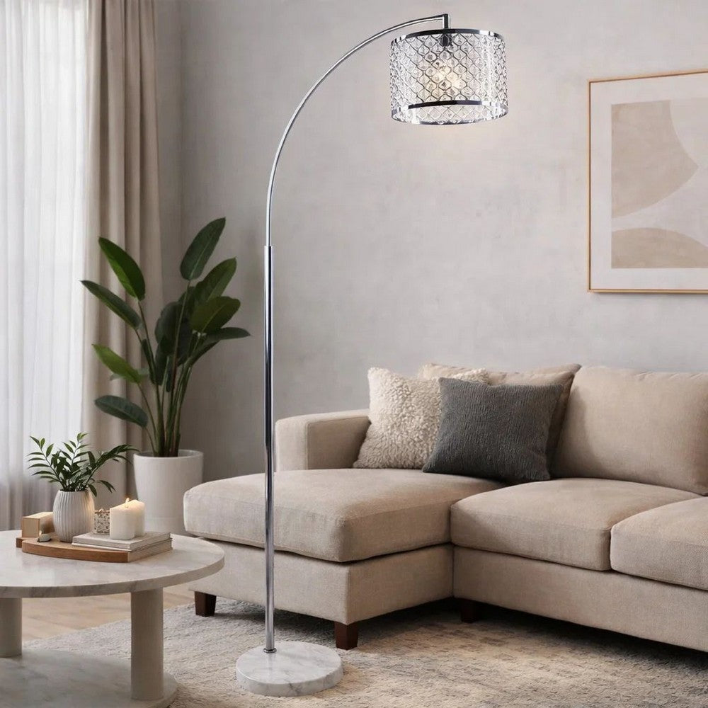 Arch Floor Lamp | Lattice Crystal Shade | Chrome Metal | Round Marble Base