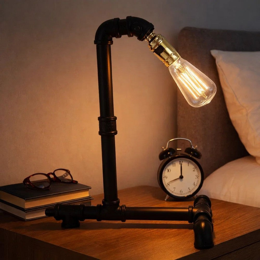 Desk Lamp | Industrial Pipe Style w Steampunk Design | Matte Black Metal