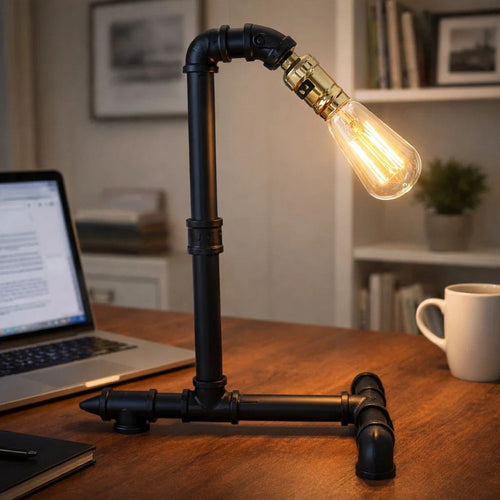 Desk Lamp | Industrial Pipe Style w Steampunk Design | Matte Black Metal