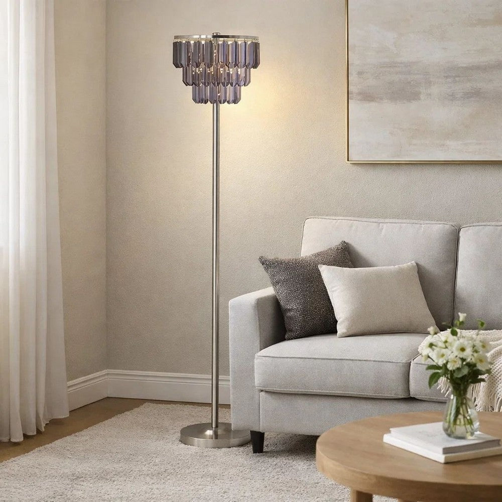 Floor Lamp with 3 Tier Smoke Gray Crystal Shade | 61" Chrome Metal