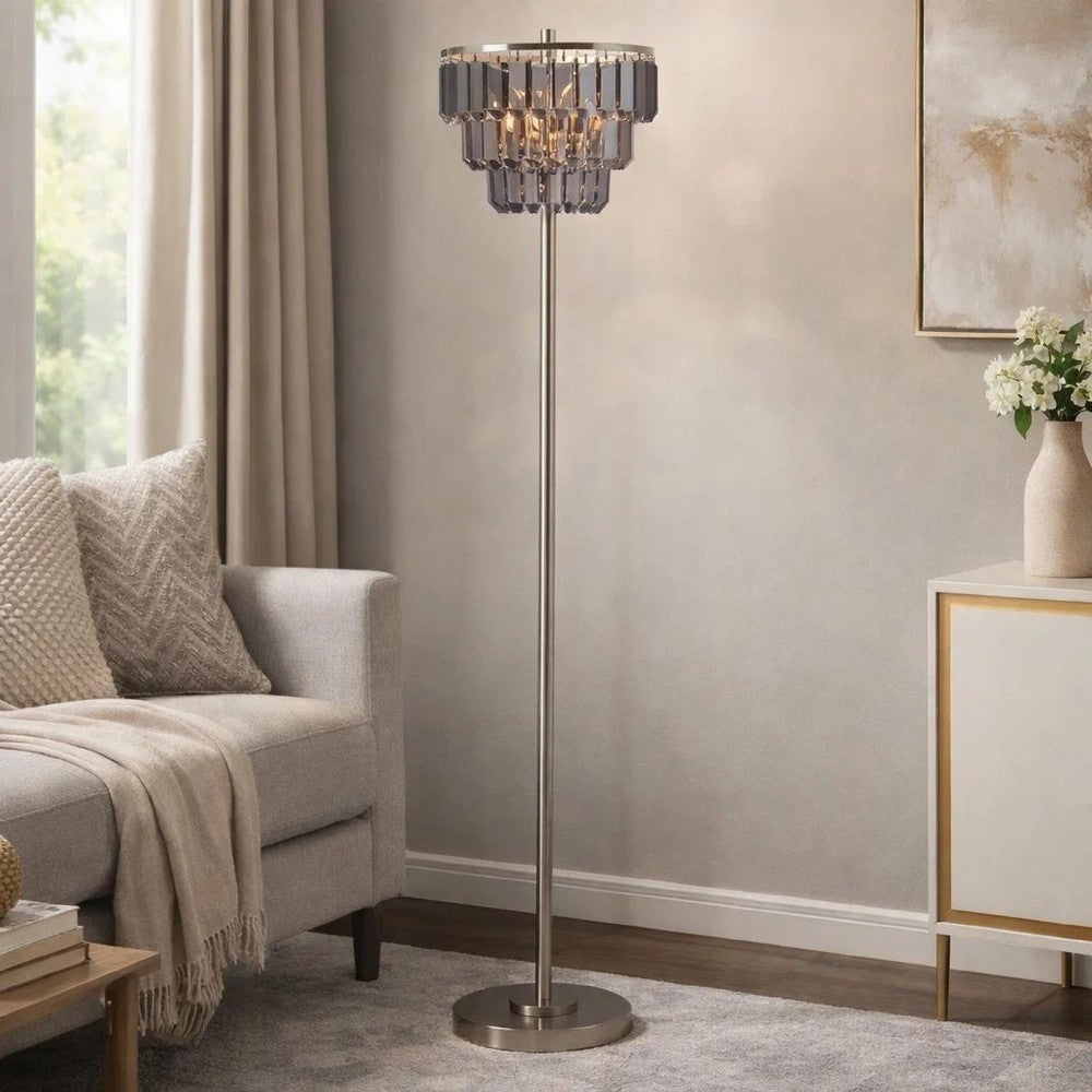Floor Lamp with 3 Tier Smoke Gray Crystal Shade | 61" Chrome Metal