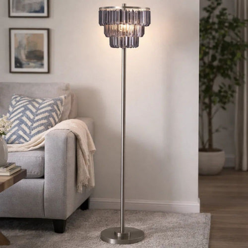 Floor Lamp with 3 Tier Smoke Gray Crystal Shade | 61" Chrome Metal