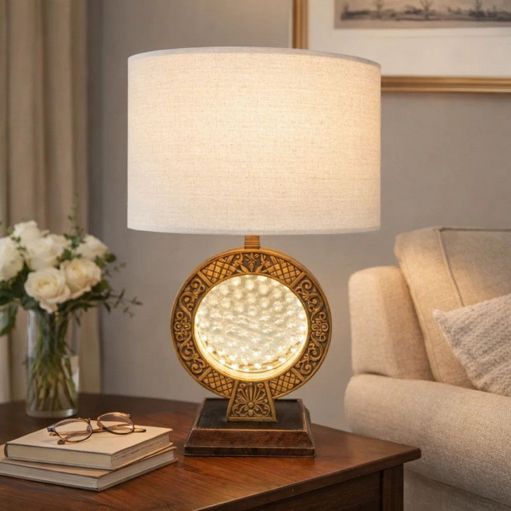 Table Lamp | Floating Crystal Core | White Shade | 28" Antique Brown
