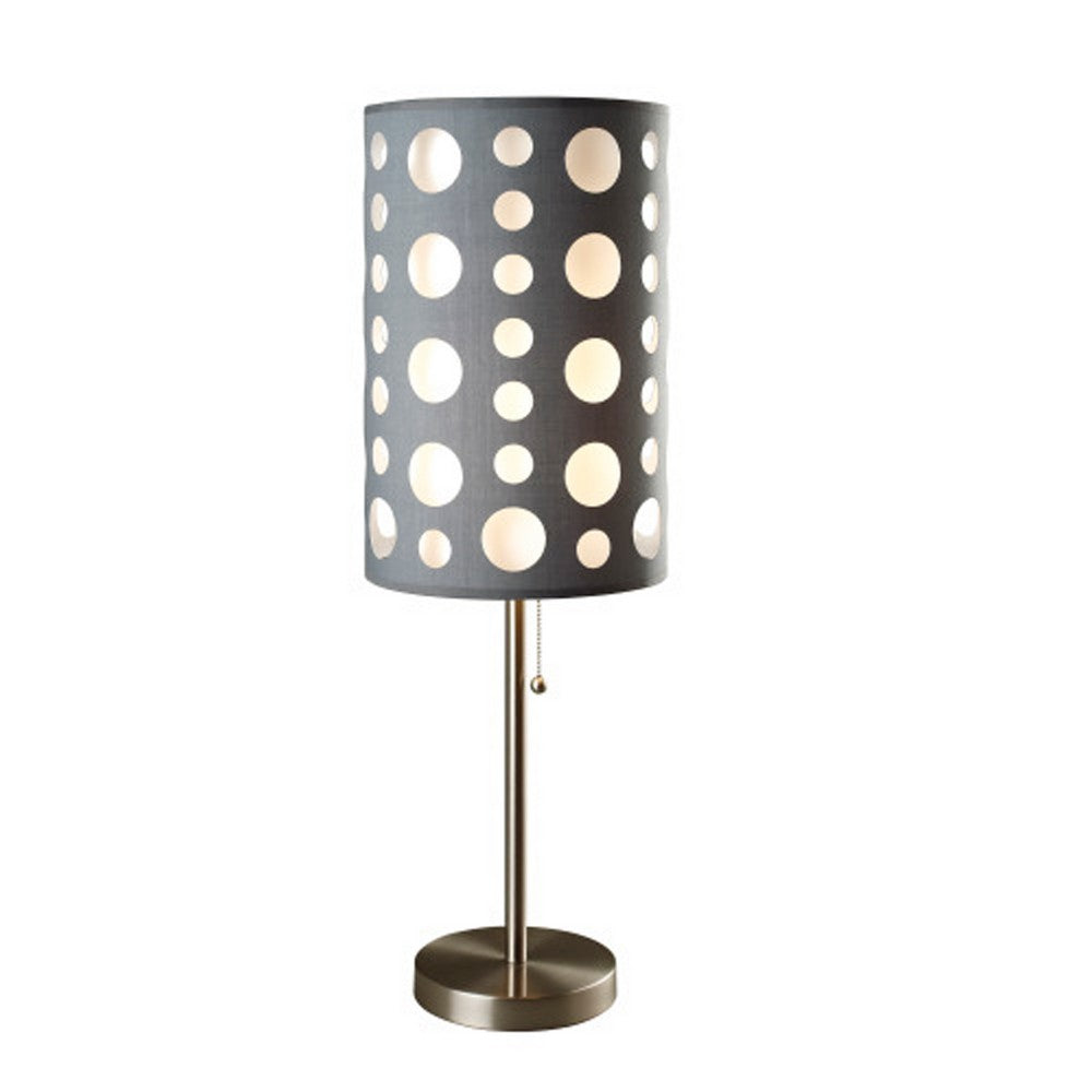 Table Lamp | Gray & White Dual Fabric Shade | Retro Cut Out Rings | 30"