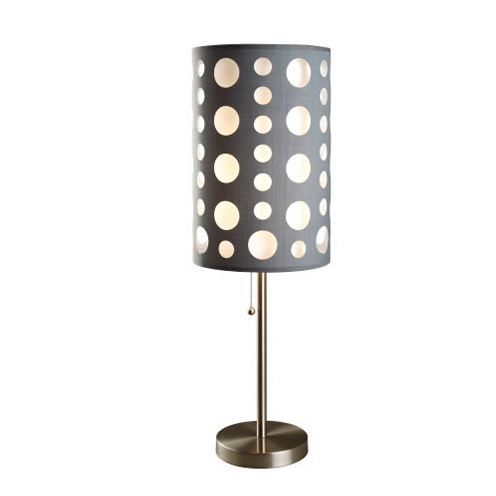 Table Lamp | Gray & White Dual Fabric Shade | Retro Cut Out Rings | 30"