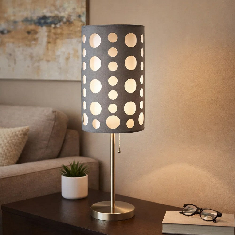 Table Lamp | Gray & White Dual Fabric Shade | Retro Cut Out Rings | 30"