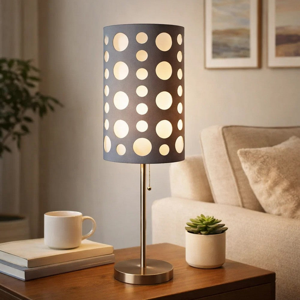Table Lamp | Gray & White Dual Fabric Shade | Retro Cut Out Rings | 30"