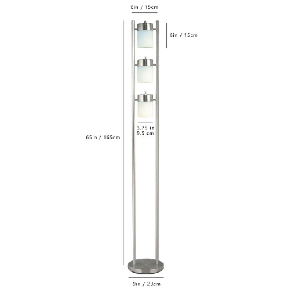 Floor Lamp with 3 Frosted White Shades | 65" Chrome Dual Pole Body