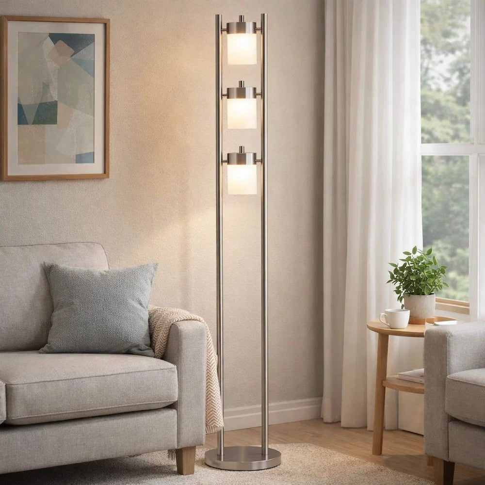 Floor Lamp with 3 Frosted White Shades | 65" Chrome Dual Pole Body