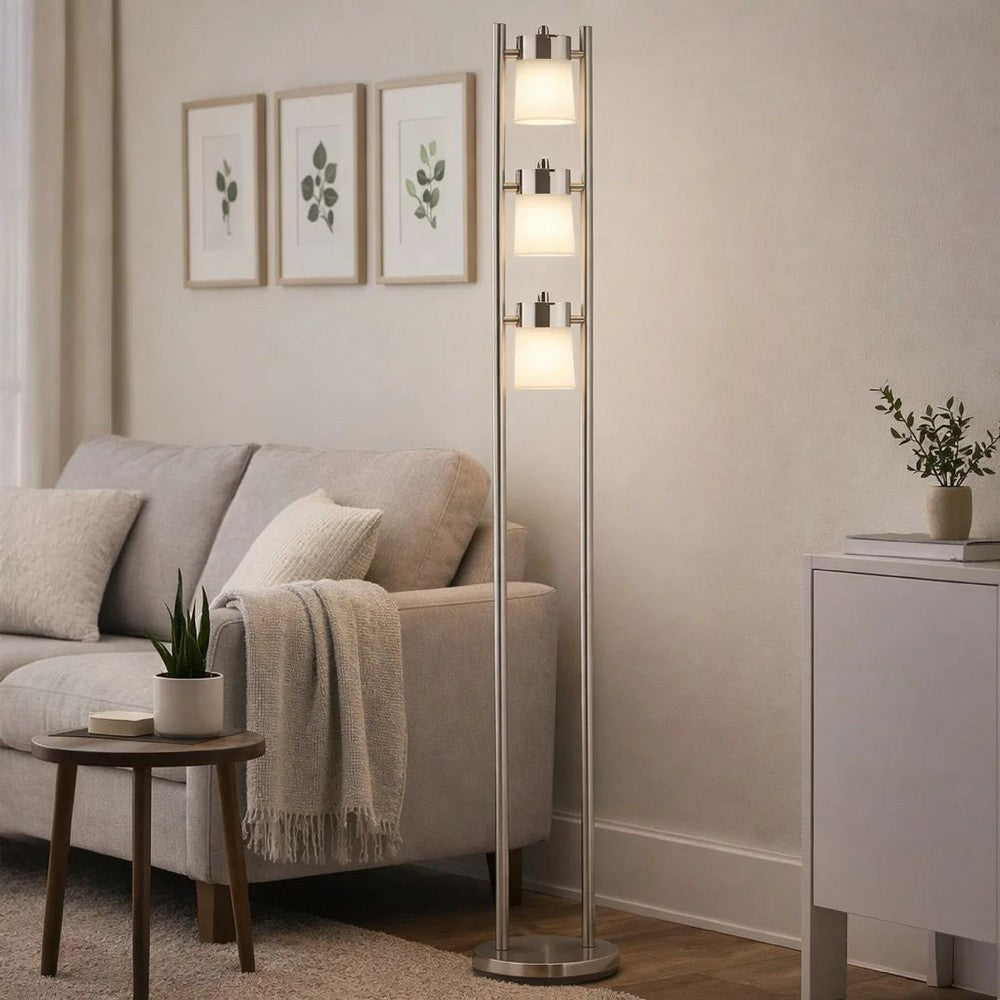 Floor Lamp with 3 Frosted White Shades | 65" Chrome Dual Pole Body