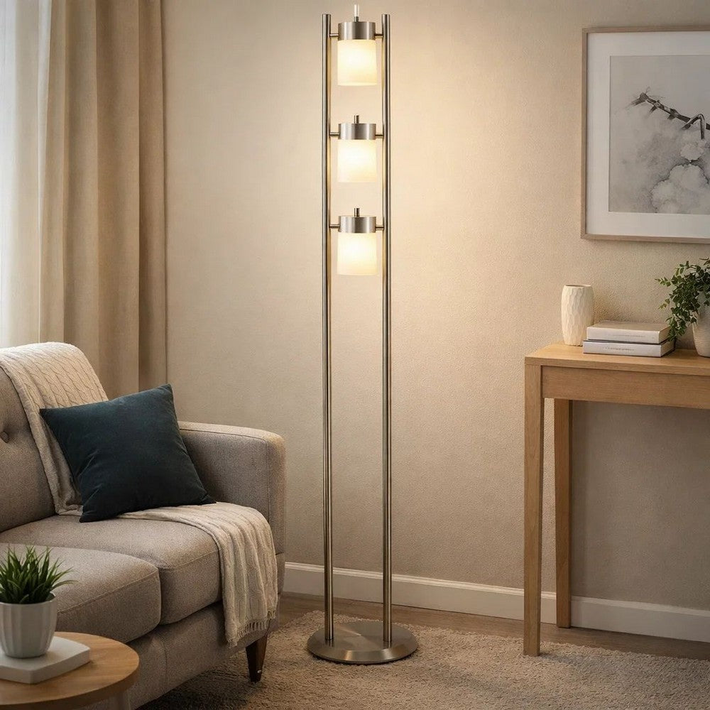 Floor Lamp with 3 Frosted White Shades | 65" Chrome Dual Pole Body