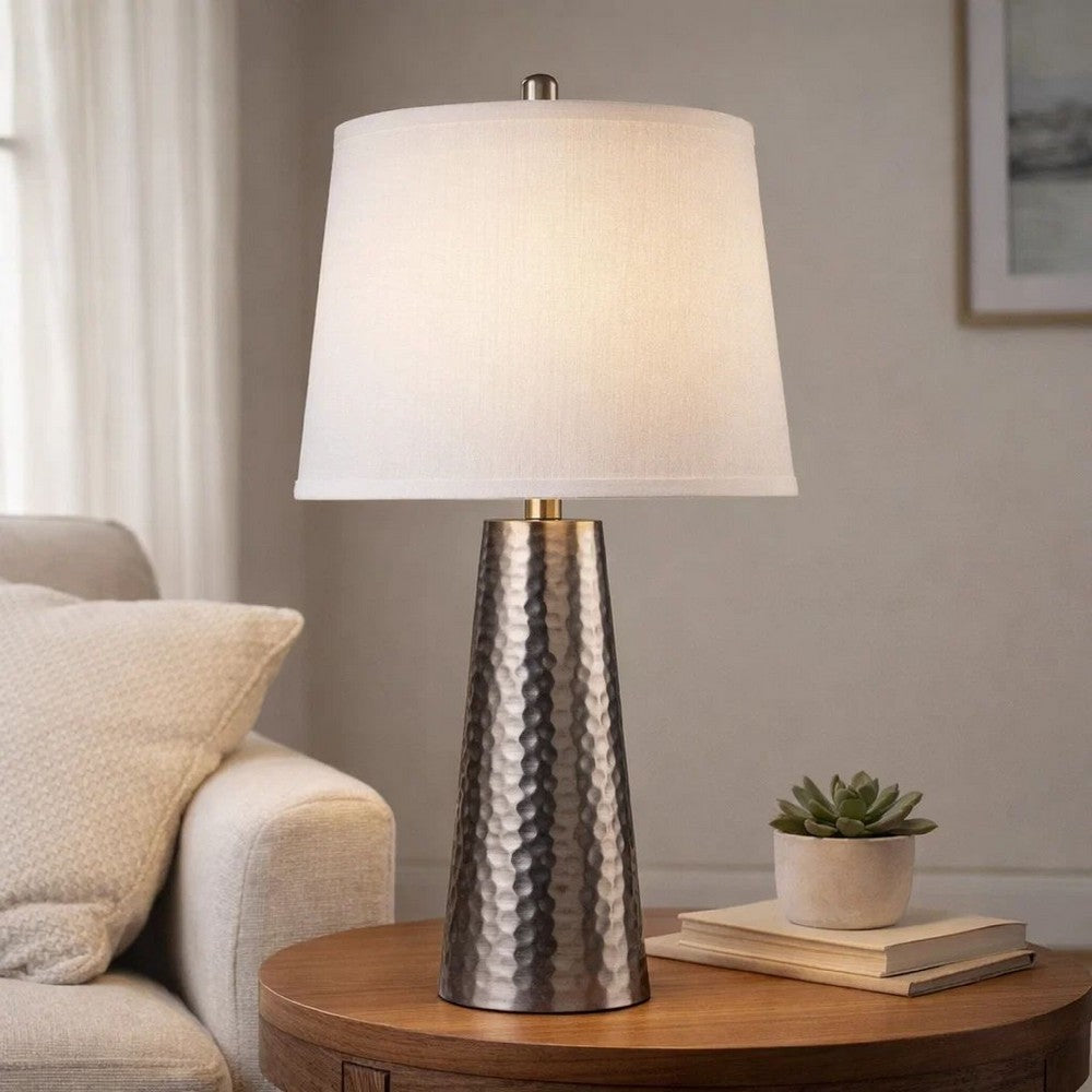 Accent Table Lamp | White Shade | Brushed Nickel Hammered Base | 26"
