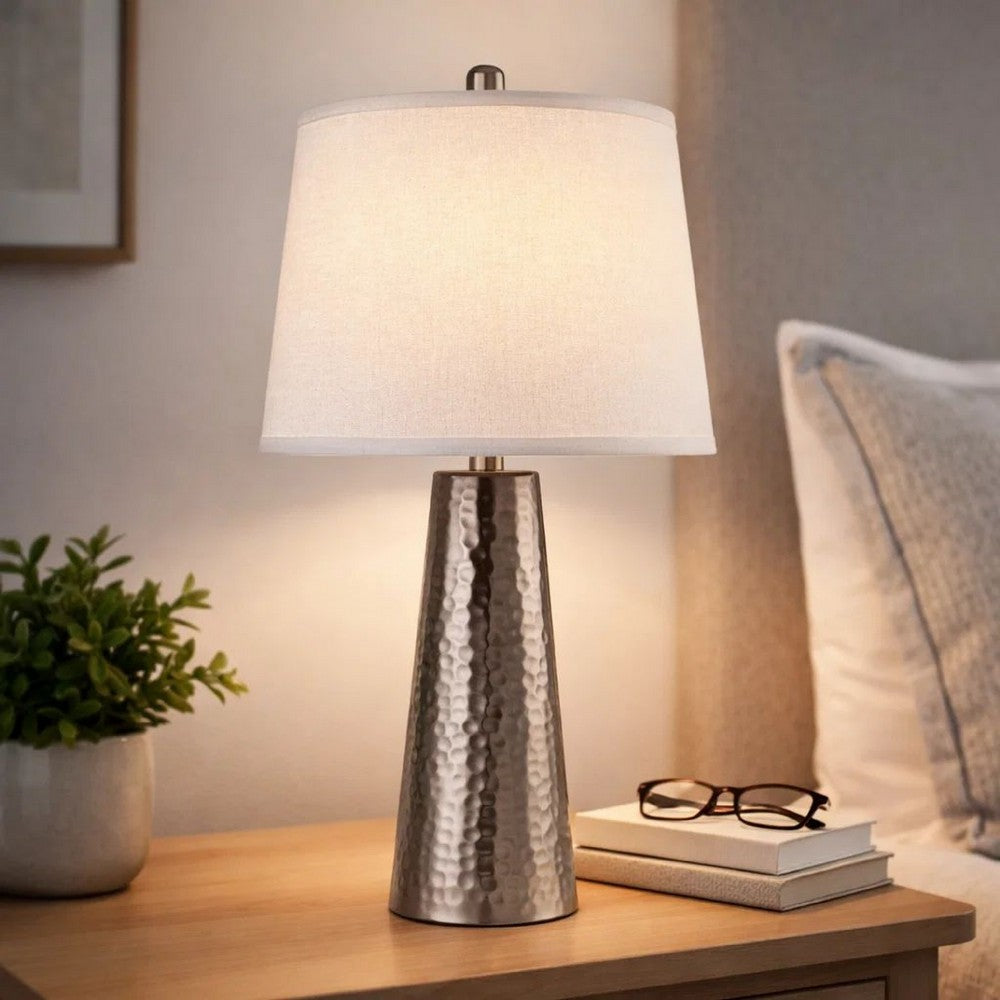 Accent Table Lamp | White Shade | Brushed Nickel Hammered Base | 26"
