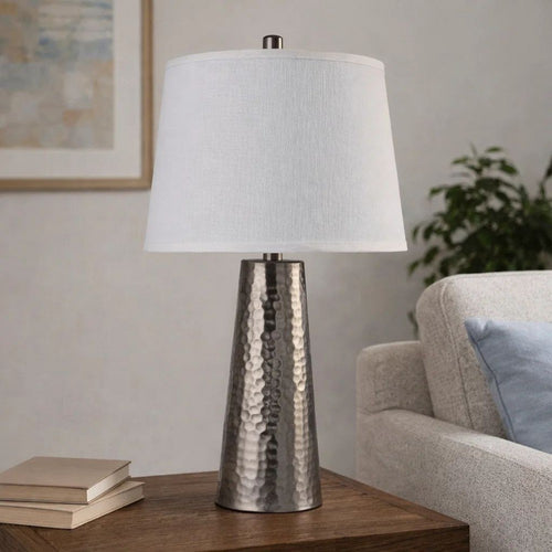 Accent Table Lamp | White Shade | Brushed Nickel Hammered Base | 26"