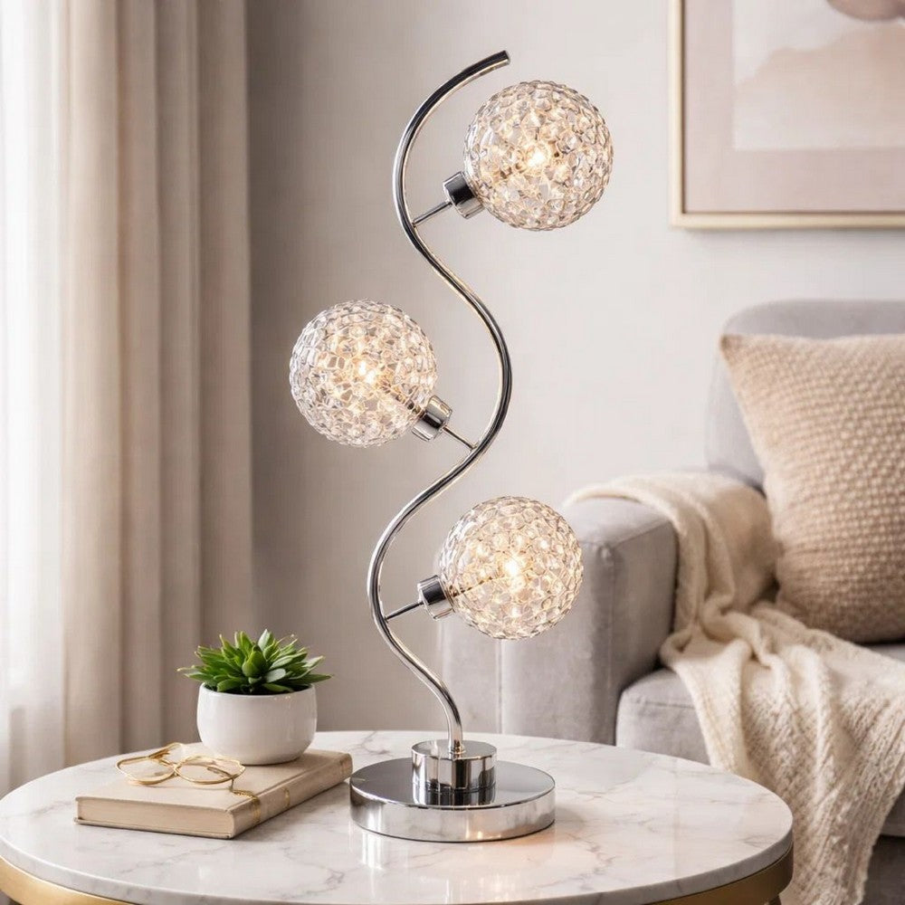 Crystal Globe Table Lamp with Triple Light | Chrome Finish | 32"