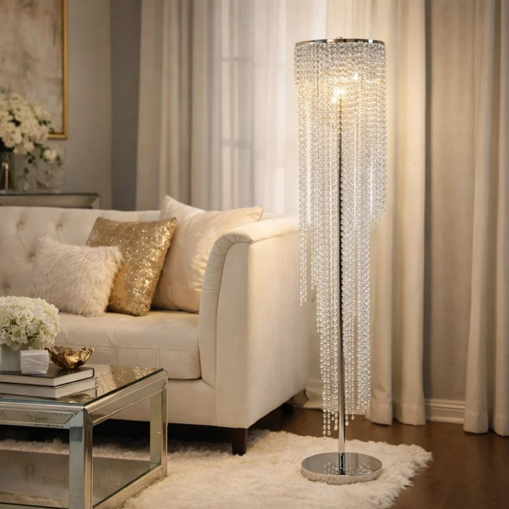 Classic Floor Lamp | Cascading Crystal Design | 61" Chrome Metal