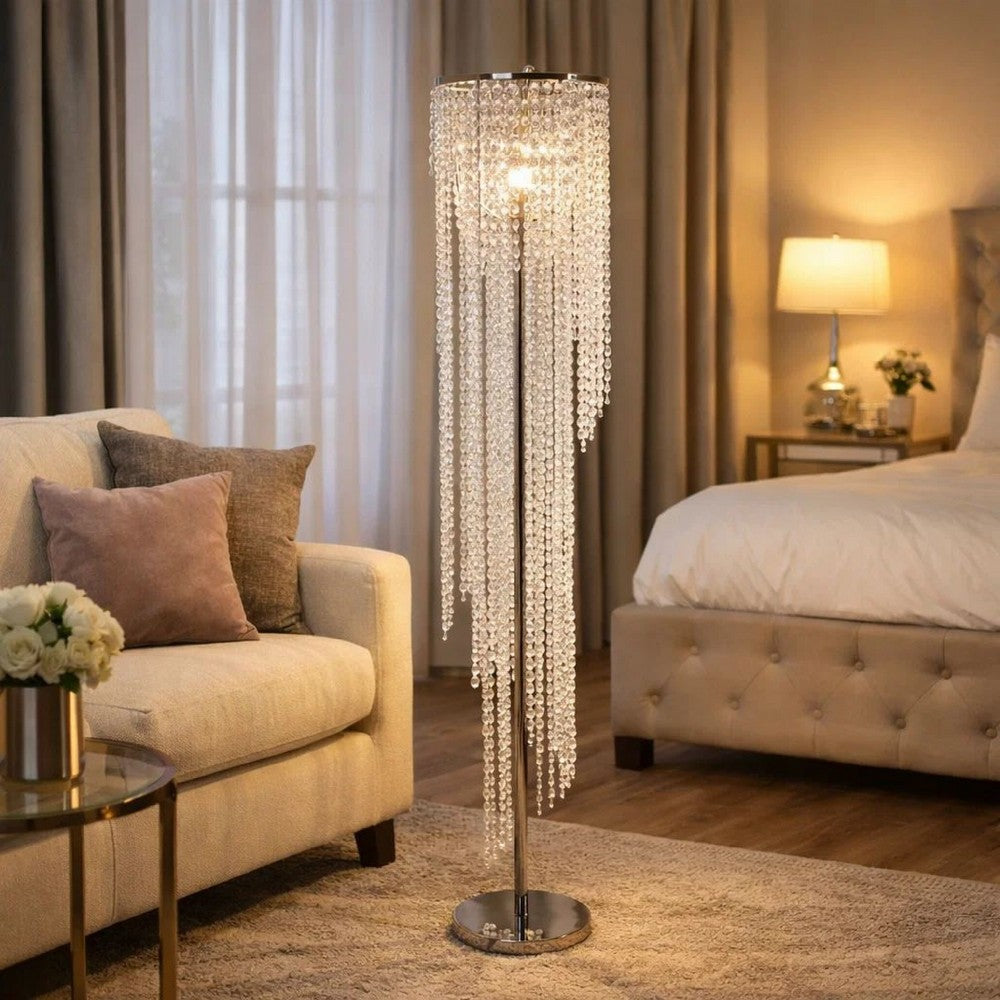 Classic Floor Lamp | Cascading Crystal Design | 61" Chrome Metal
