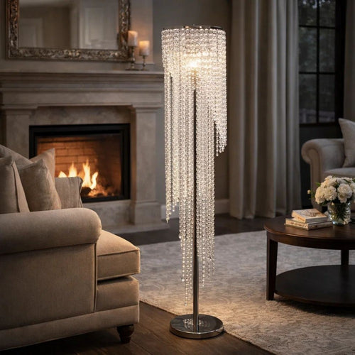 Classic Floor Lamp | Cascading Crystal Design | 61" Chrome Metal