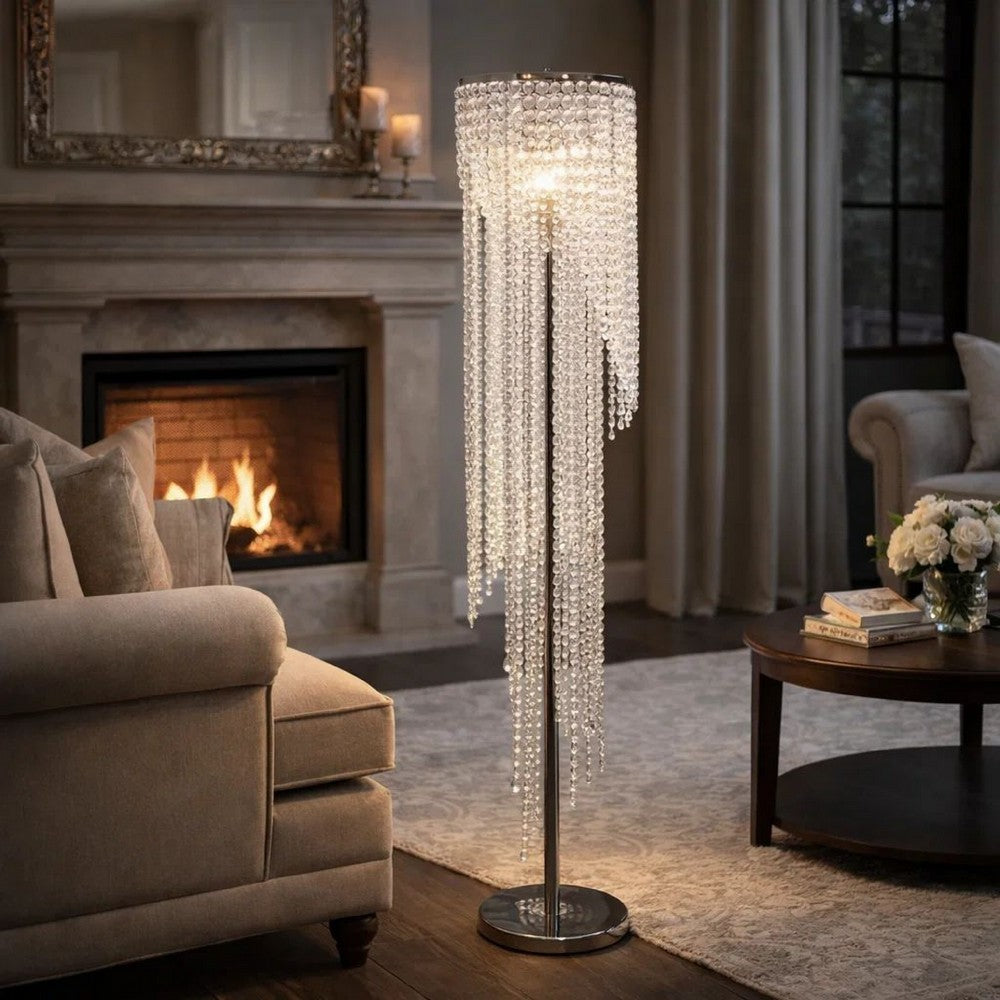 Classic Floor Lamp | Cascading Crystal Design | 61" Chrome Metal