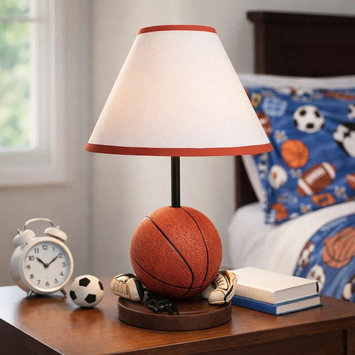 Basketball Table Lamp with White Fabric Shade | Sports Fans Brown 16"