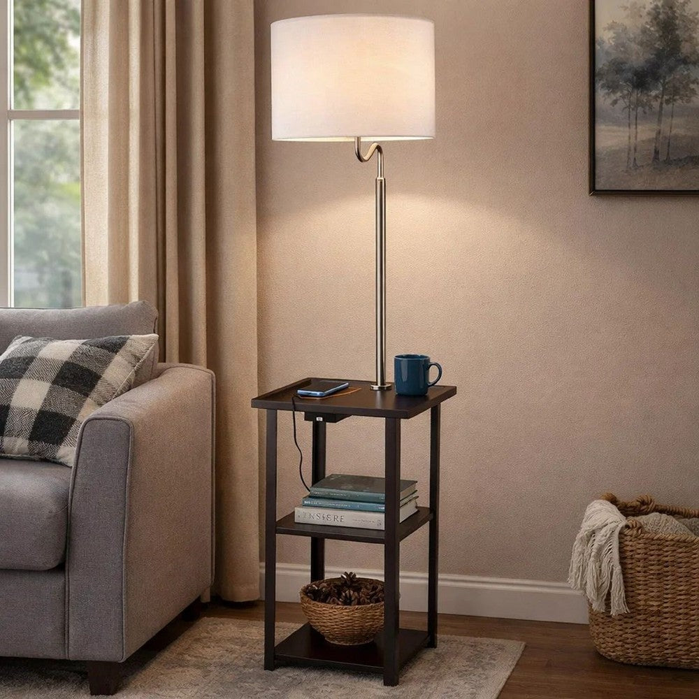 Accent Table Lamp with Shelves & USB Ports | 58" | White Drum Shade