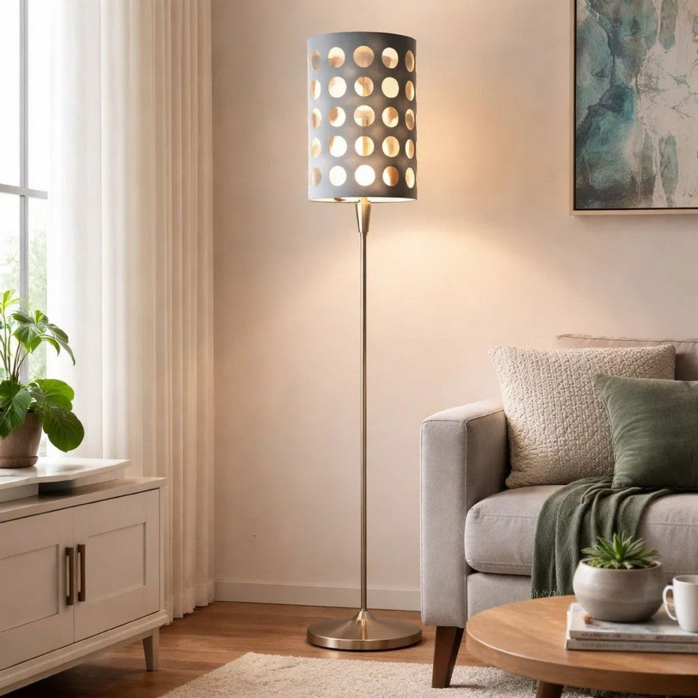 Retro Floor Lamp | 62" | Gray & White Drum Shade | Pull Chain Switch