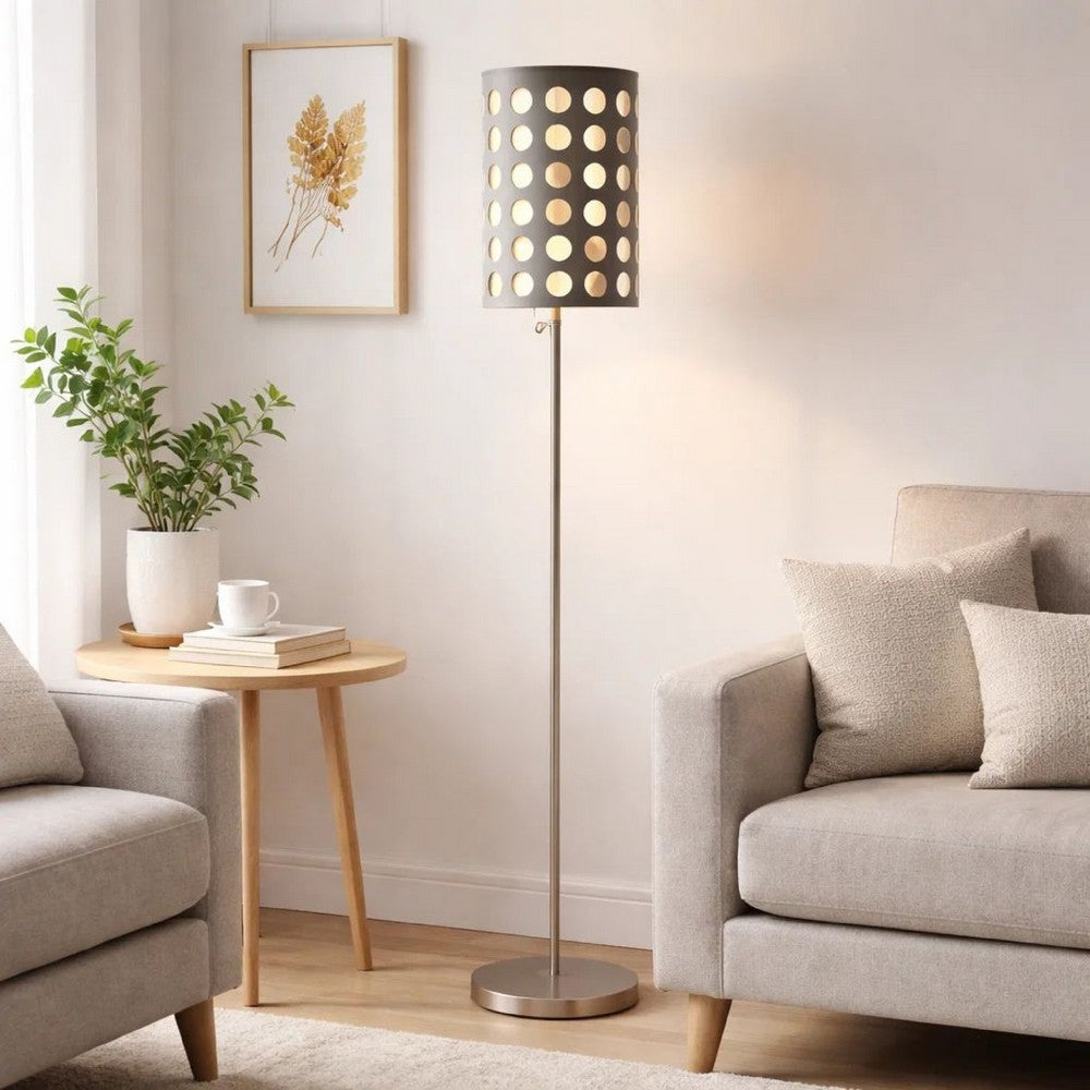 Retro Floor Lamp | 62" | Gray & White Drum Shade | Pull Chain Switch