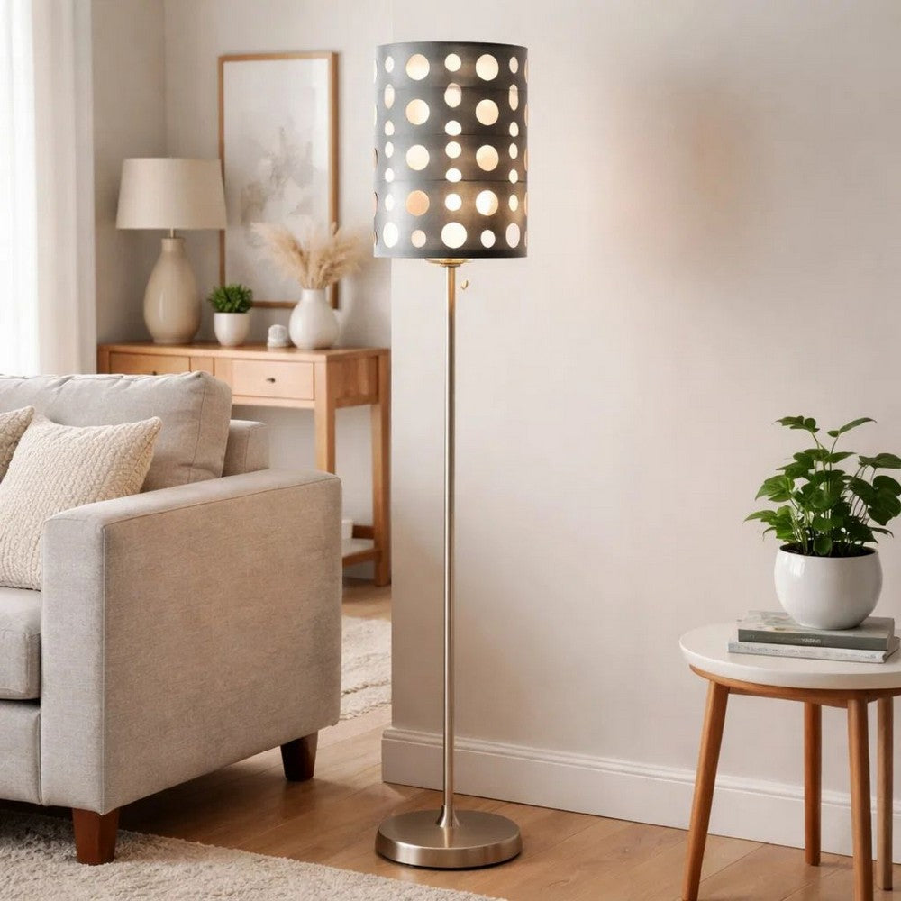 Retro Floor Lamp | 62" | Gray & White Drum Shade | Pull Chain Switch