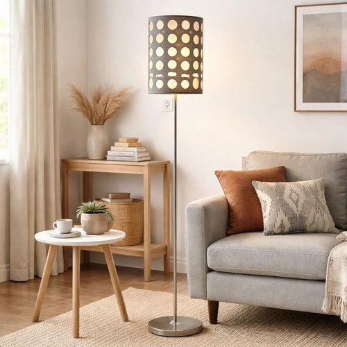 Retro Floor Lamp | 62" | Gray & White Drum Shade | Pull Chain Switch